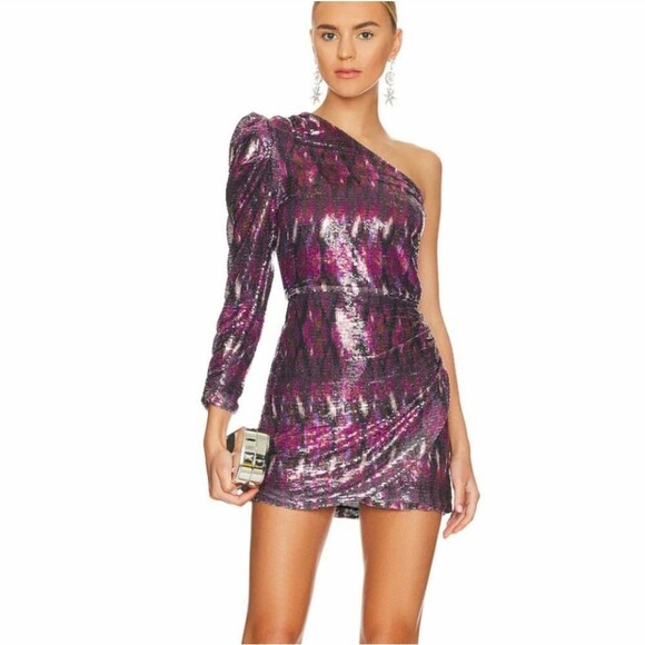 Misa Nova One Shoulder Long Sleeve Sequin Mini Dress Party New Year Lined Medium - Picture 1 of 11